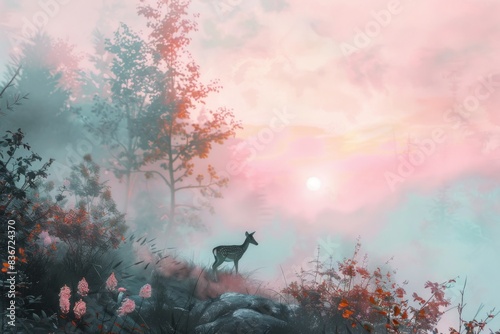 Deer in Enchanted Misty Forest at Dawn