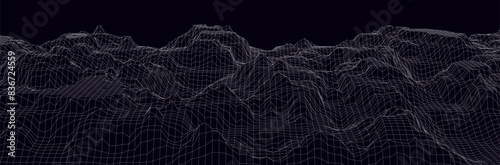 Wireframe landscape. Futuristic 3d mesh background. Digital hills technology. Vector illustration.