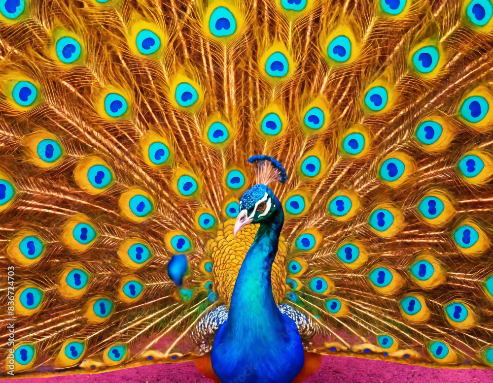 Fototapeta premium Vibrant Peacock with Fully Spread Feathers on Colorful Abstract Background