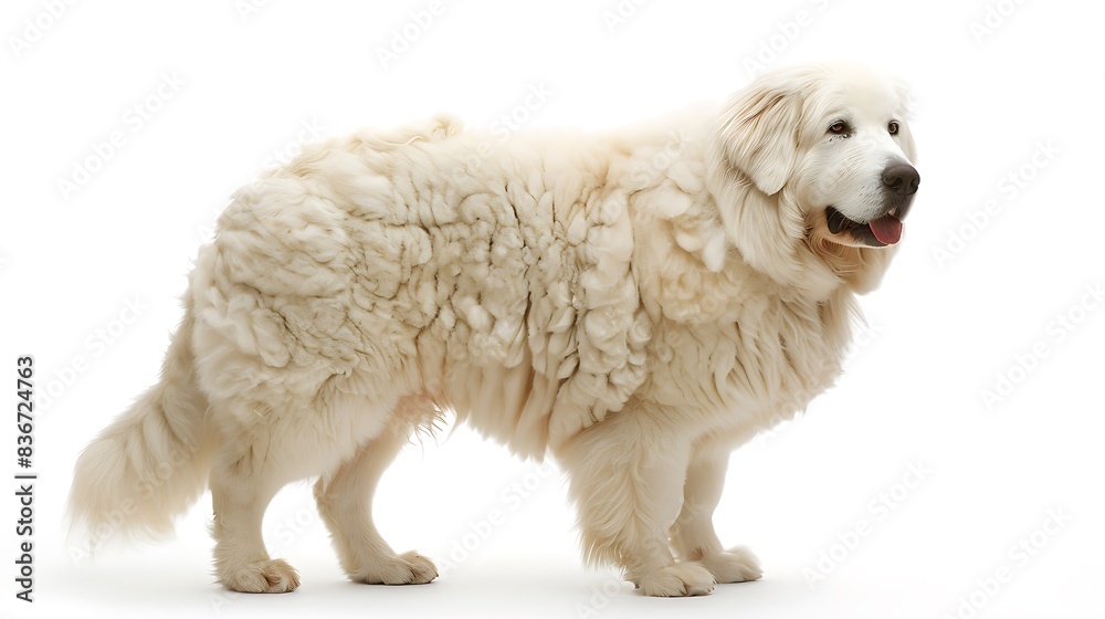 Kuvasz with its thick white coat, standing protectively, white background
