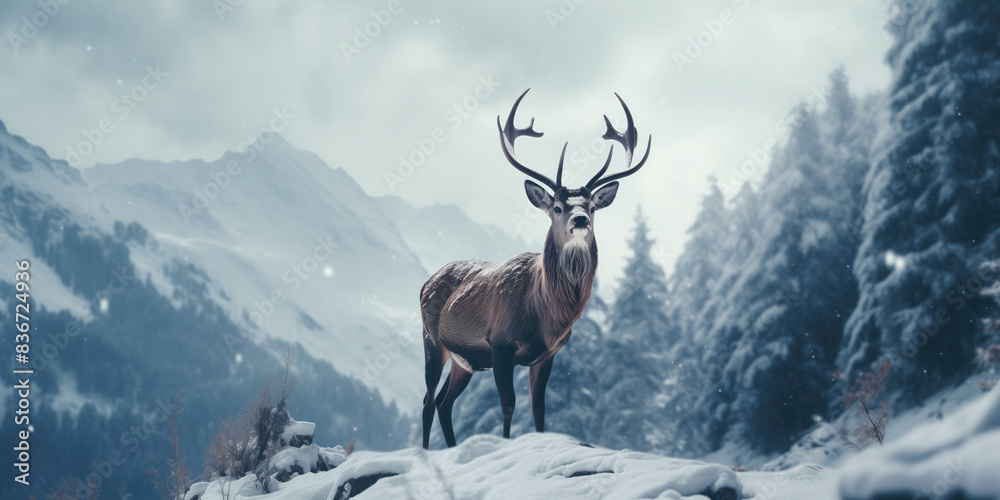 Fototapeta premium Noble deer in winter forest. Autumn scene with reindeer. Snowy winter christmas landscape