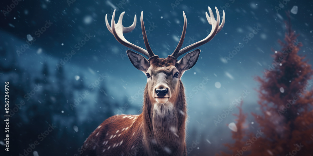 Noble deer in winter forest. Autumn scene with reindeer. Snowy winter christmas landscape Noble deer in winter forest. Autumn scene with reindeer. Snowy winter christmas landscape