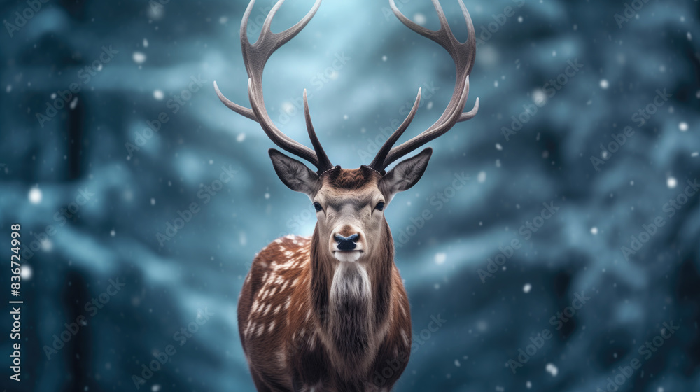Fototapeta premium Noble deer in winter forest. Autumn scene with reindeer. Snowy winter christmas landscape