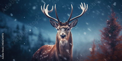 Noble deer in winter forest. Autumn scene with reindeer. Snowy winter christmas landscape photo