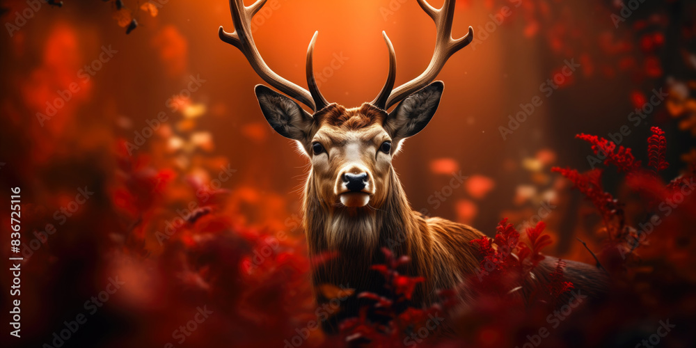 Fototapeta premium Noble deer in winter forest. Autumn scene with reindeer. Snowy winter christmas landscape