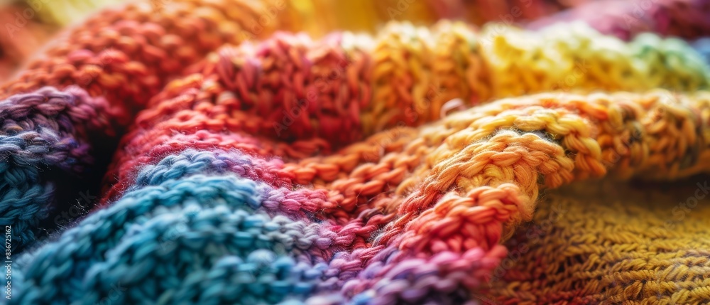 Colorful Knitted Fabric Close-Up with Vibrant Rainbow Patterns and Textures, Showcasing Detailed Craftsmanship and Warm, Cozy Feel, Perfect for Textile, Fashion, and Crafting Projects Colorful Knitted Fabric Close-Up with Vibrant Rainbow Patterns and Textures, Showcasing Detailed Craftsmanship and Warm, Cozy Feel, Perfect for Textile, Fashion, and Crafting Projects