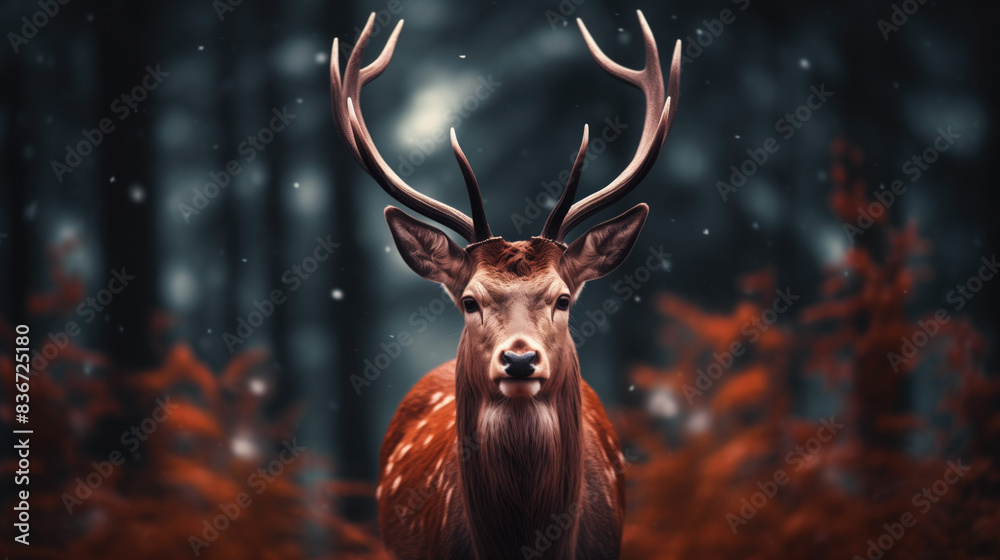 Fototapeta premium Noble deer in winter forest. Autumn scene with reindeer. Snowy winter christmas landscape