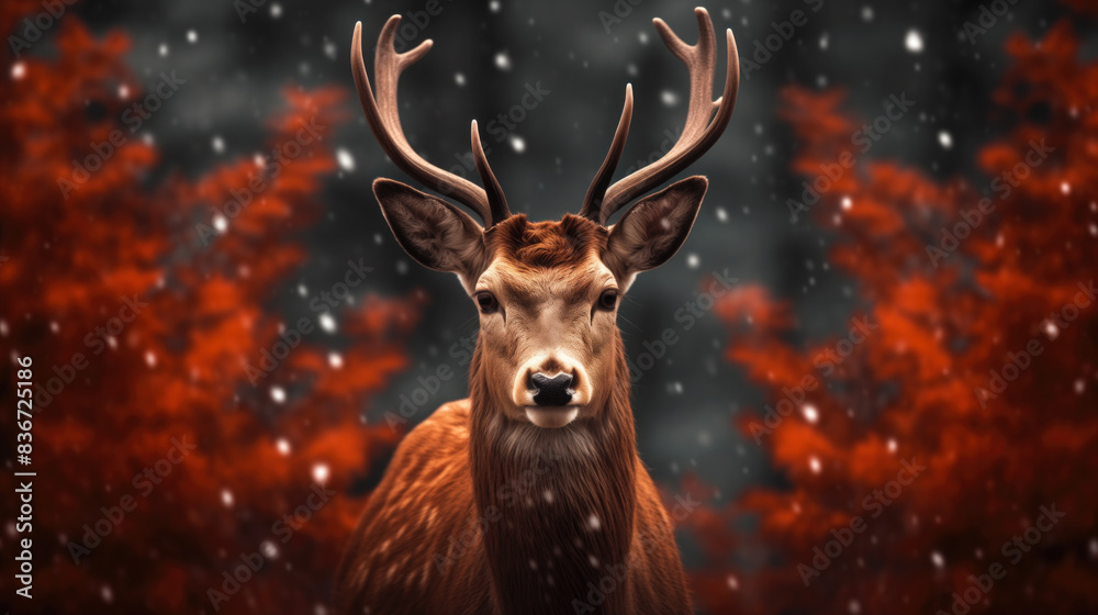 Fototapeta premium Noble deer in winter forest. Autumn scene with reindeer. Snowy winter christmas landscape