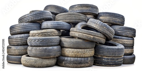 Pile of worn-out tires isolated on background