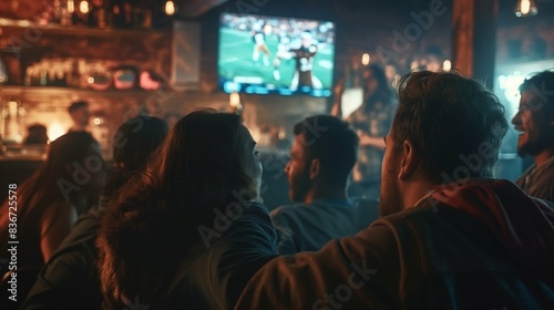People watching a sports game on a TV in a cozy bar with dim lighting and a warm atmosphere. © Natalia