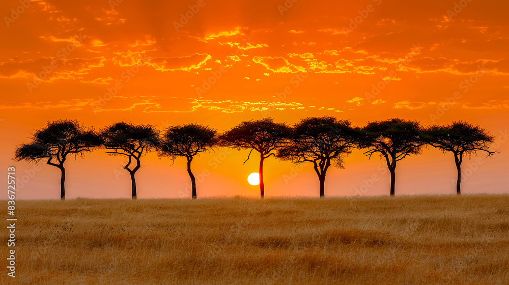 Sunset over the African savannah with acacia trees silhouetted Sunset over the African savannah with acacia trees silhouetted