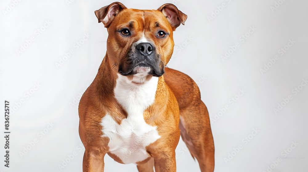 Staffordshire Bull Terrier with its muscular build and cheerful expression, standing alert, white background