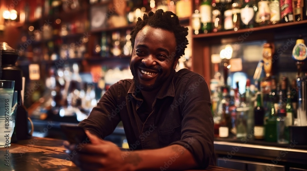 Man smiling and holding a phone while sitting at a bar counter with a variety of bottles in the background. Man smiling and holding a phone while sitting at a bar counter with a variety of bottles in the background.