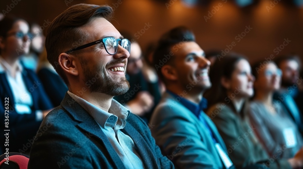 Close-up of diverse audience members smiling and engaged during a conference or seminar. Close-up of diverse audience members smiling and engaged during a conference or seminar.