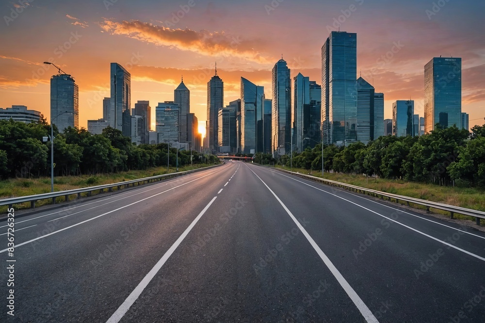 Asphalt highway and skyline with modern buildings at sunset Asphalt highway and skyline with modern buildings at sunset