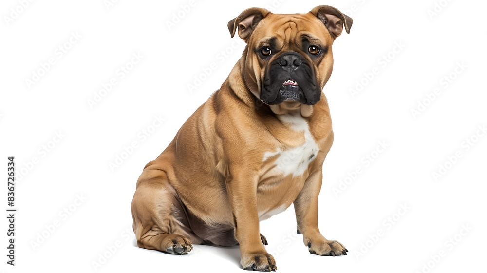 Bulldog sitting with a stoic expression and distinctive underbite, white background Bulldog sitting with a stoic expression and distinctive underbite, white background