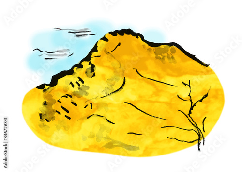 紅葉の山を遠くから見た風景の和風手書き筆イラスト