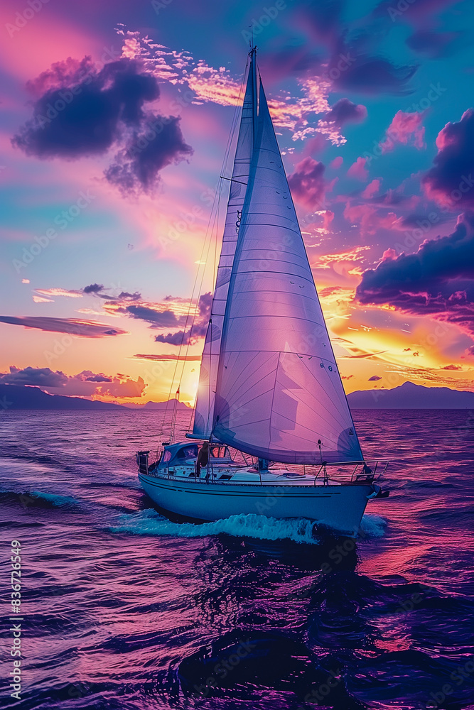 Fototapeta premium Sunset over the ocean with a sailboat in the distance