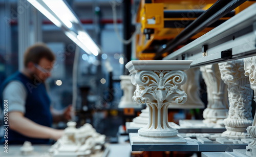 A detailed view of a 3D printer fabricating decorative elements for buildings, such as intricate facades and moldings.