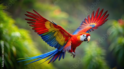 Scarlet macaw parrot flying in isolated on background photo