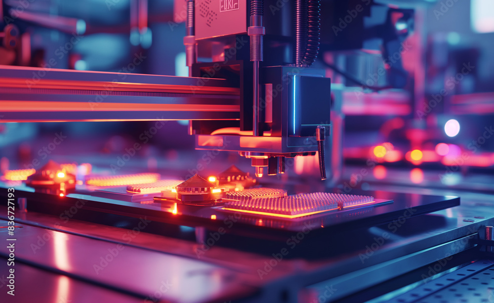 Fototapeta premium 3D printer producing prototypes for electronic gadgets, showing complex internal components being printed layer by layer, with an R&D lab featuring designers and engineers in the background.