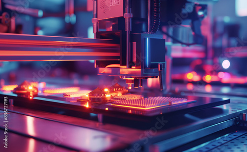 3D printer producing prototypes for electronic gadgets, showing complex internal components being printed layer by layer, with an R&D lab featuring designers and engineers in the background.