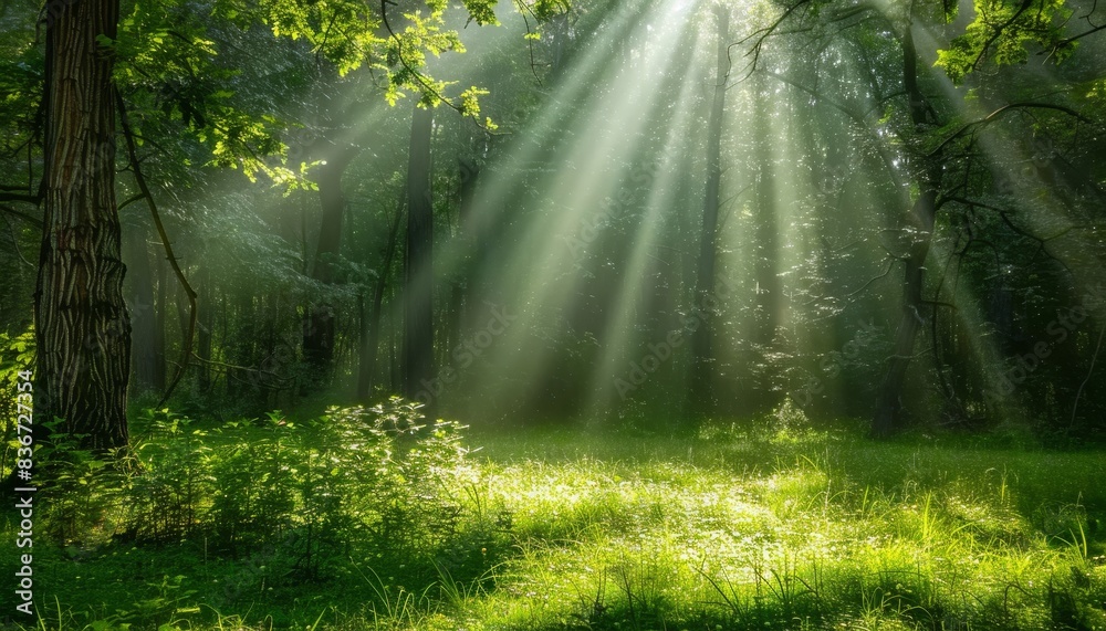 Fototapeta premium Gorgeous sun rays illuminating the vibrant greenery of a lush forest on a sunny day