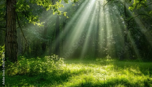 Gorgeous sun rays illuminating the vibrant greenery of a lush forest on a sunny day