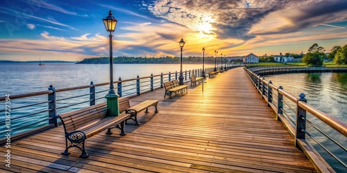 Scenic waterfront boardwalk without people photo