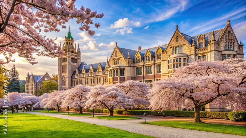 Campus view of University of Washington in WA, USA with blooming cherry blossom trees and majestic architecture