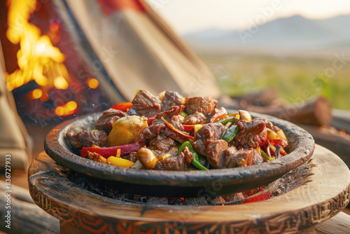 Close-Up of Mongolian Khorkhog with Lamb and Vegetables on Rustic Wooden Plate in Steppe Landscape