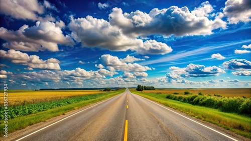 Empty rural highway under blue summer sky with white clouds   rural  road  highway  speedway  empty  countryside  generative AI  technology  abstract  summer  blue sky  white clouds