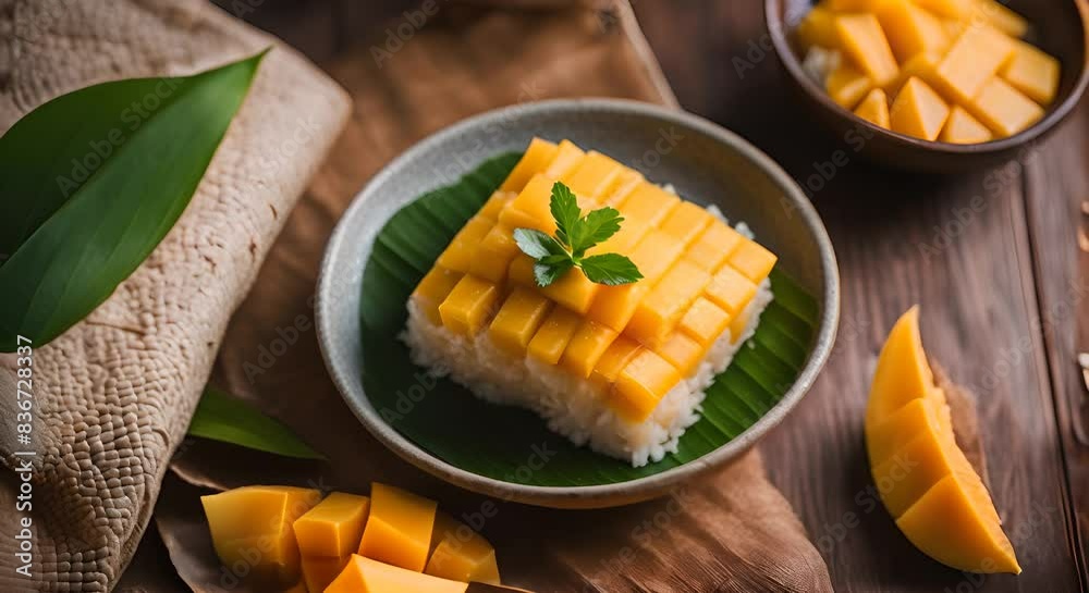 Mango sticky rice dish. Mango sticky rice dish.