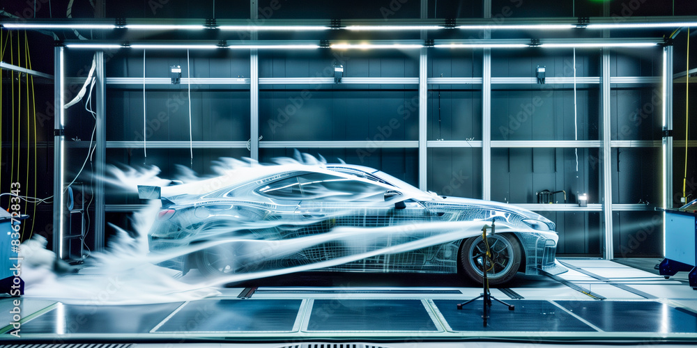 car in a wind tunnel for automotive testing, streams of smokey air around the car show the aerodynamics car in a wind tunnel for automotive testing, streams of smokey air around the car show the aerodynamics