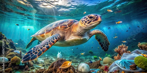 Turtle swimming in polluted underwater environment filled with garbage   ocean  pollution  underwater  environment  plastic  waste  sea  marine life  conservation  ecology  wildlife  rubbish