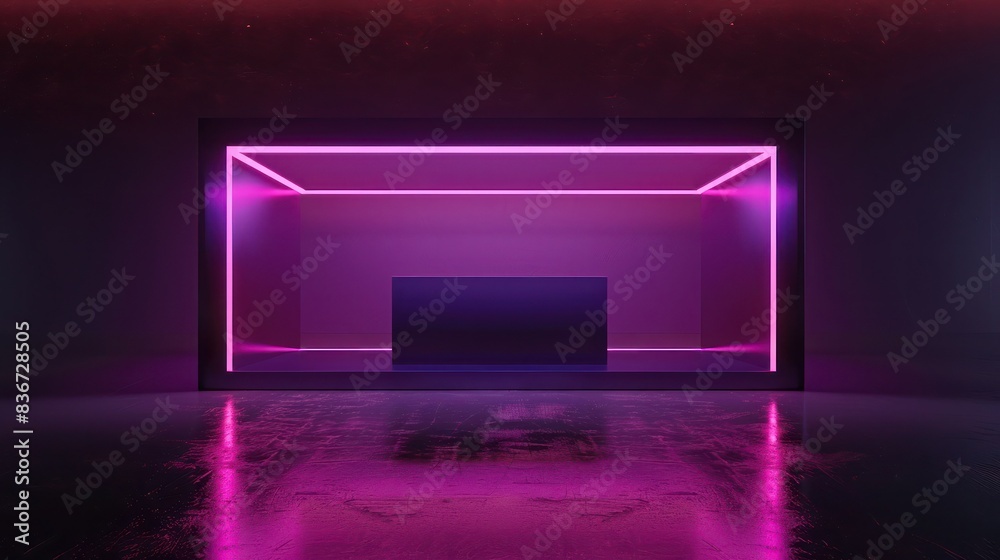 Create a sleek and modern 3D rendering of a neon-lit minimalist product stand against a dark background. 