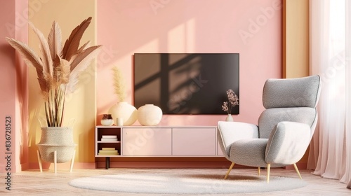 Modern living room with a pastel pink color scheme  featuring a gray armchair  TV on the wall  potted plants  and decorative vases on a wooden console.