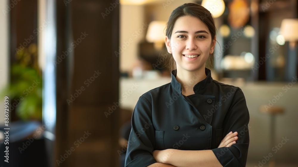 © OMD - Young female chef in a black uniform smiling with arms crossed in a modern restaurant interior. © OMD - Young female chef in a black uniform smiling with arms crossed in a modern restaurant interior.