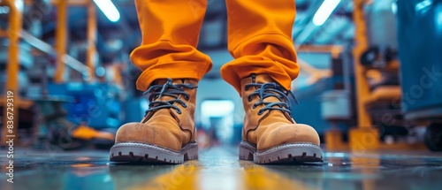  Workers Safety Shoes an Industrial Factory. Concept Industrial Safety.