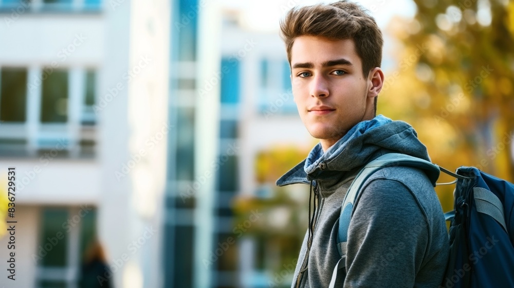 Young man with a backpack standing outside a building, wearing a hoodie, with autumn foliage in the background. Young man with a backpack standing outside a building, wearing a hoodie, with autumn foliage in the background.