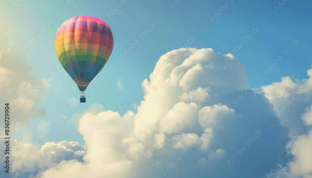 Fototapeta premium Vibrant Hot Air Balloon Soaring Through Majestic Clouds at 7:4
