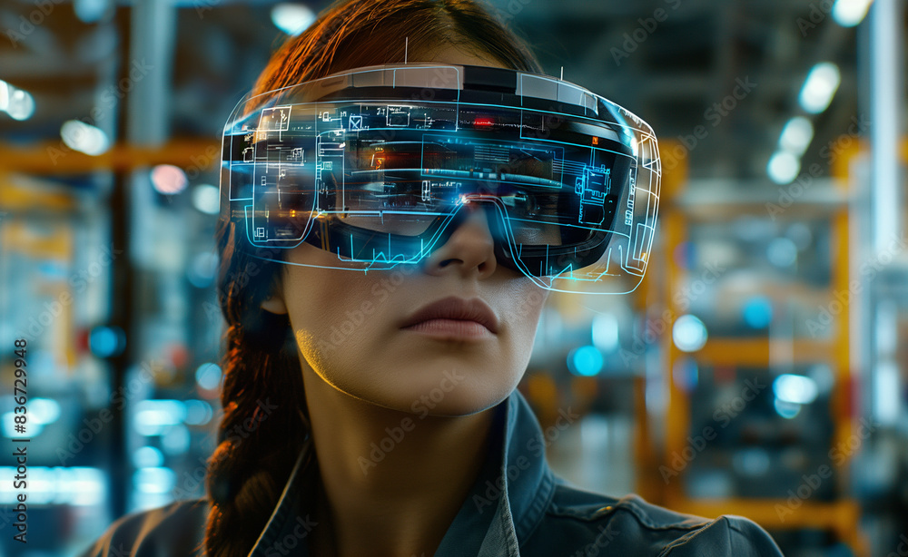 A female engineer wearing augmented reality (AR) glasses is working in ...