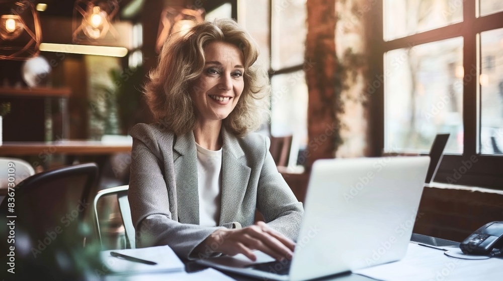 Smiling professional woman working on a laptop in a modern office setting with large windows and warm lighting. Smiling professional woman working on a laptop in a modern office setting with large windows and warm lighting.