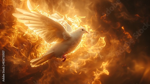 Wallpaper Mural  A glowing fire with a white dove high in the sky, capturing the essence of the Holy Spirit's descent on Pentecost. Torontodigital.ca