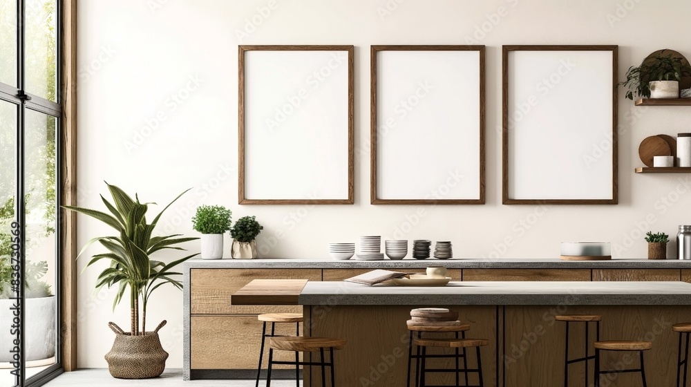 Fototapeta premium Modern kitchen interior with wooden furniture, bar stools, potted plants, and three blank frames on the wall. Minimalistic and airy design.