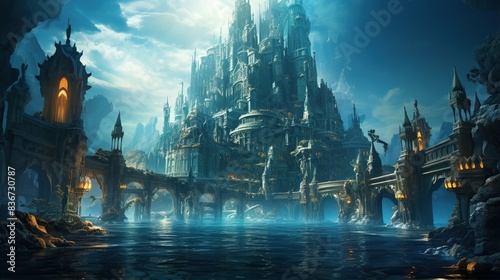 A 3D art depiction of an underwater city, with detailed buildings and marine life, creating a sense of exploration 