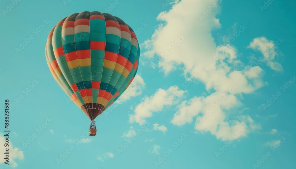 Fototapeta premium Vibrant Hot Air Balloon Soaring through a Clear Blue Sky