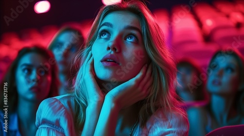 A group of young women in a dimly lit theater, illuminated by vibrant blue and pink lights, looking upwards with expressions of awe and wonder.