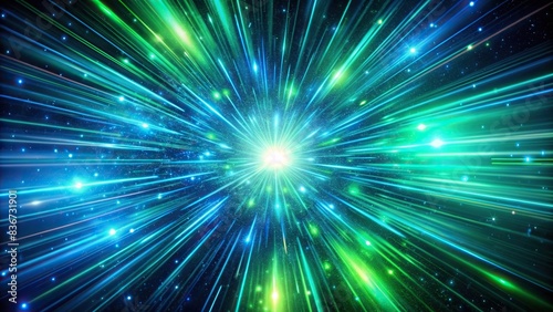 Abstract background in green and blue neon glow, depicting the speed of light in the galaxy with an explosion in the universe, neon, abstract, background, green, blue, galaxy photo