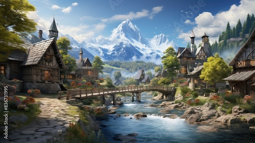 A 3D art scene of a serene mountain village, with detailed wooden cottages and a clear, flowing river 